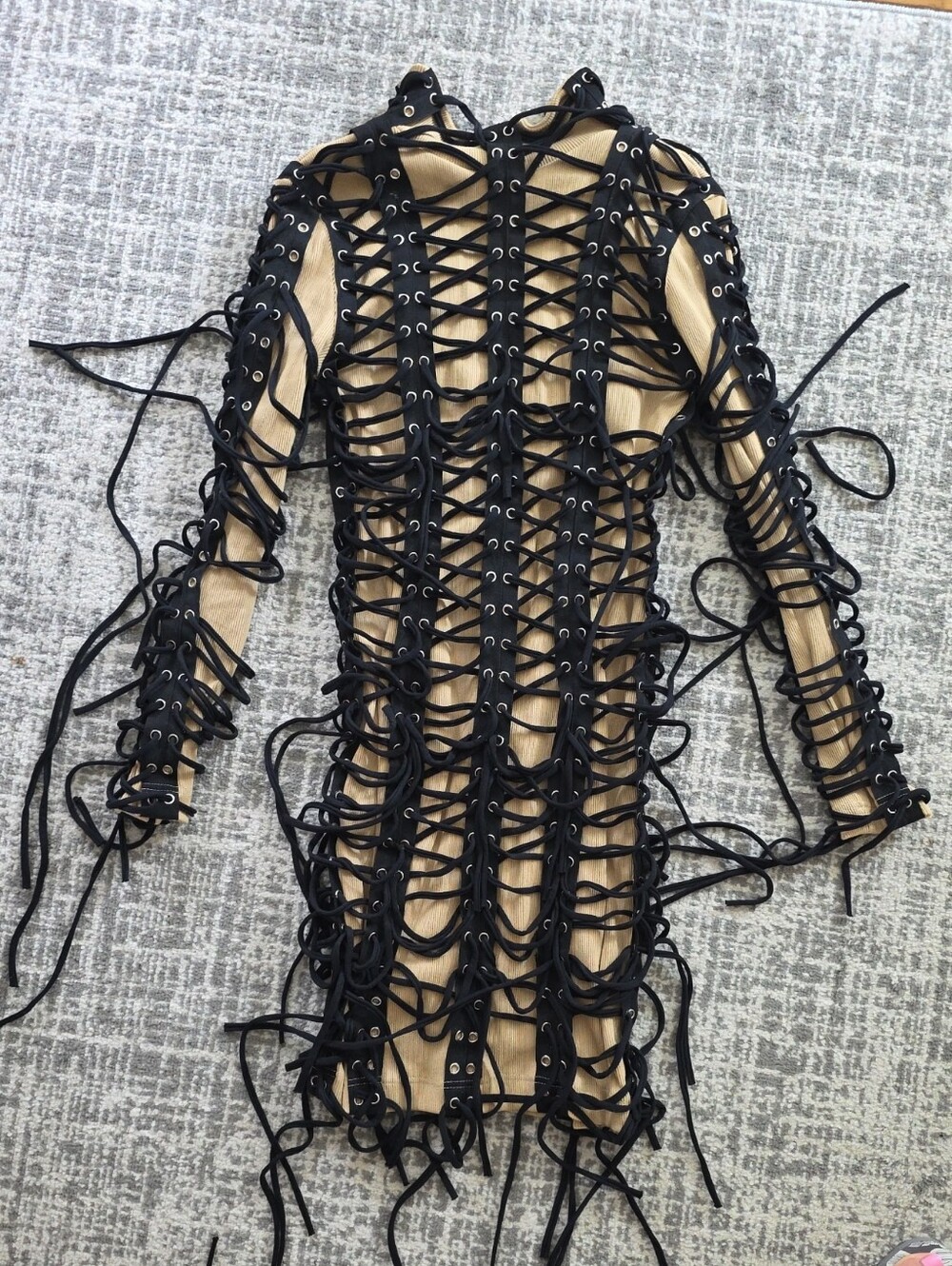 Black Lace-Up Long Sleeve Sheer Panel Dress